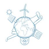 Earth surrounded by all types of power station, illustration