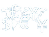 World map with currency symbols, illustration