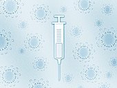 Syringe surrounded by covid-19 viruses, illustration