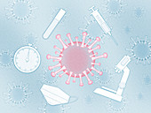 Covid-19 virus surrounded by research symbols, illustration