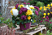 Autumn bouquet of decorative chrysanthemums with ivy, wood as decoration