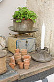 Kerzenhalter und kleine Tontöpfe vor alter Küchenwage mit Pflanze