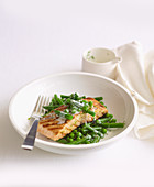Babecued salmon with minted peas and beans
