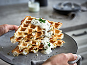 Puff pastry waffles with jalapeno and sour cream