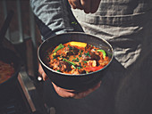 Pfundstopf (meat and vegetable stew) made in a Dutch oven
