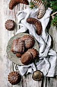 Christmas shortcrust chocolate cookies with cocoa icing sugar
