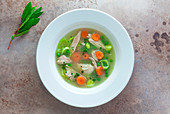 A bowl of chicken soup with vegetables