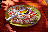 Marinated sea bass fillets with red onions