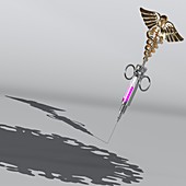 Syringe with medical symbol and virus shadow, illustration