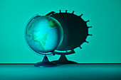 Spinning globe casting coronavirus cell shadow