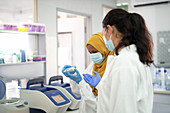 Scientists in face masks with specimen holder