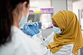 Female scientist in hijab and face mask with specimen tray