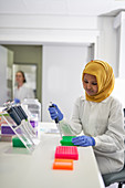 Scientist in hijab filling pipette trays