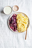 Puree served with red cabbage salad and kefir