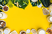 Dairy free milk substitute drinks and ingredients on yellow background