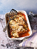 White cabbage lasagne with minced beef and gorgonzola cheese