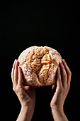 Hands holding freshly baked loaf of bread