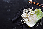 Glass noodles, chinese cabbage and enoki mushrooms for cooking Ramen