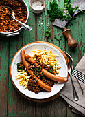 Swabian lentils with spaetzle and sausages
