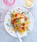White cabbage with tomato, parmesan and thyme