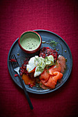 Beetroot rosti with green yogurt and smoked salmon