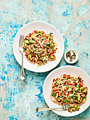 Linguine with avocado, tomato and lime