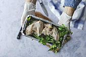 Hands with gloves hold takeaway container with raw chicken thighs