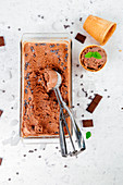 Homemade chocolate ice cream in a tray