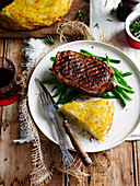Potato and rosemary galette and grilled beef steak