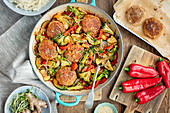 Chickpeas 'no-meat balls' with veggies and sweet and sour sauce