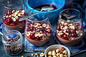 Chocolate mousse with cherries and hazelnuts