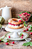 Choux pastry cake with raspberries and vanilla buttercream