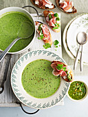 Creamy spring soup with goat's cheese and prosciutto toasts