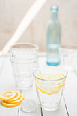 Frisches Wasser mit Eiswürfeln und Zitronenscheibe im Glas