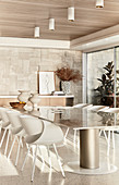 Modern chairs at long dining table in luxurious dining room decorated in beige