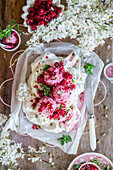 Pavlova with raspberry ice cream