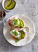 Bruschetta with poached eggs, ham and avocado