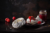 Meringue with raspberry sauce and buffalo worms