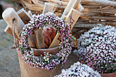Wreath and ball of bud heather in hoarfrost