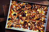 Juicy, Italian, roasted fruits on a baking sheet