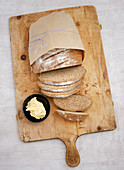 Spelt sourdough bread on a wooden board