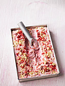 Strawberry shortbread frozen yogurt with biscuit chunks