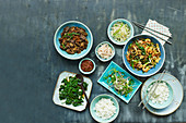 Bulgogi und Jao Chae-Nudeln mit Garnelen dazu Beilagen und Reis (Korea)