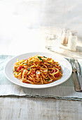 Chilli crab and cherry tomato linguine