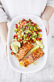 Wild salmon with corn and pepper salsa salad