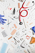 Variety of medical supplies on white background