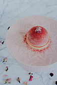 Cupuaçu dome cake with ruby chocolate and raspberry cream