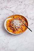 Turkey bolognese on spaghetti noodles made from butternut squash
