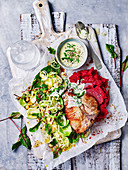 Pork with Beetroot Mash and Sprout Salad