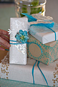 Christmas packaging with stamp motif in blue and white